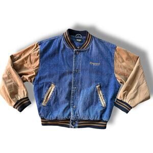 Vtg Dunbrooke 90s Varsity Denim Bomber Jacket Color Block Streetwear Khaki Tan